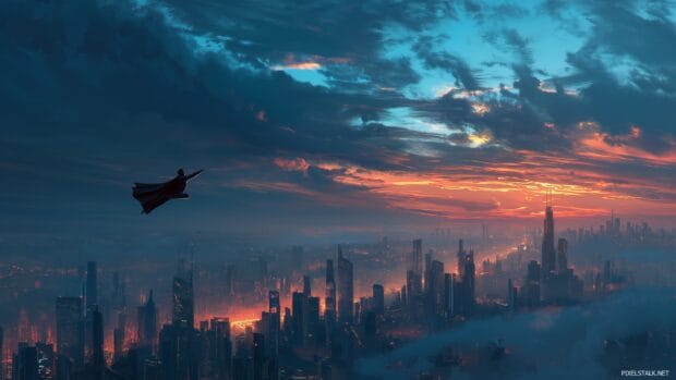 Superman skyline wallpaper, An imaginative view of Superman flying above a futuristic skyline during twilight, illuminating the city.