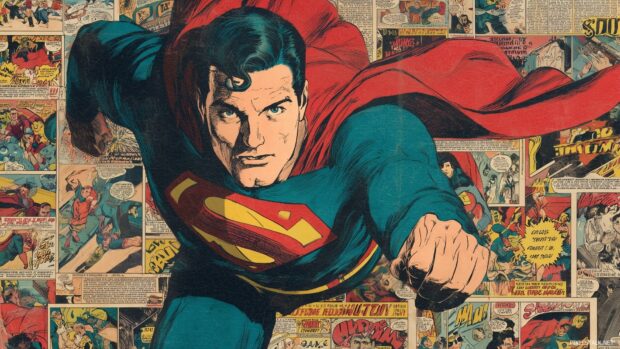 Superman vintage wallpaper, A retro inspired artwork of Superman in a classic comic strip layout, celebrating his legacy.