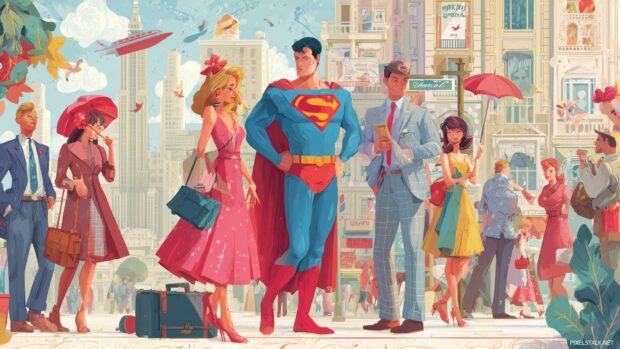 Superman wallpaper for fans, A whimsical take on Superman interacting playfully with iconic city characters like Lois Lane and Jimmy Olsen.