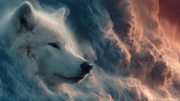 Surreal HD wolf desktop backgrounds with a wolf surrounded by swirling clouds and a cosmic background.