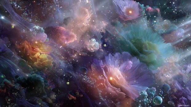 Surreal aesthetic desktop background, A bizarre fusion of elements floating in a cosmic haze, filled with vibrant light.