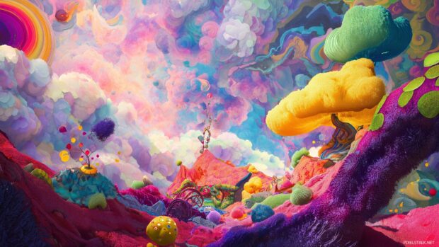 Surreal aesthetic desktop designs, A whimsical scene of vibrant colors and fantastical shapes that defy logic.