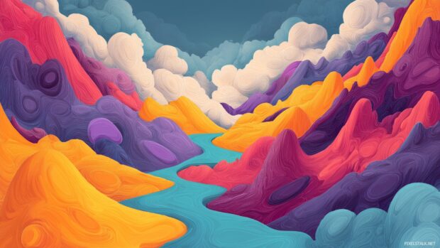 Surreal aesthetic desktop wallpaper, A surreal landscape filled with melting shapes and vibrant colors, challenging perceptions of reality.