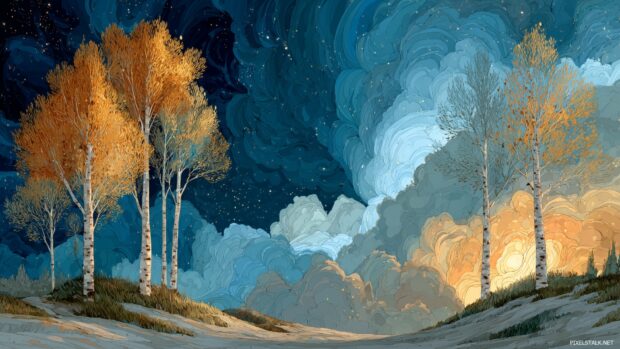 Surreal birch landscape backgrounds under a starry sky with swirling clouds.