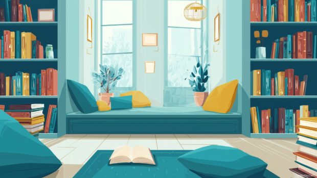 Teal desktop wallpaper, A cozy reading nook featuring teal cushions and shelves lined with books.