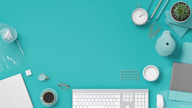 Teal desktop wallpaper, A sleek modern workspace with teal accents and minimalistic design elements.