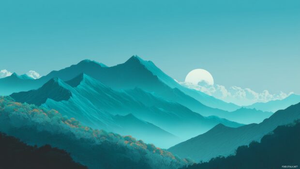 Teal wallpaper hd, A serene landscape featuring lush teal mountains under a clear blue sky.