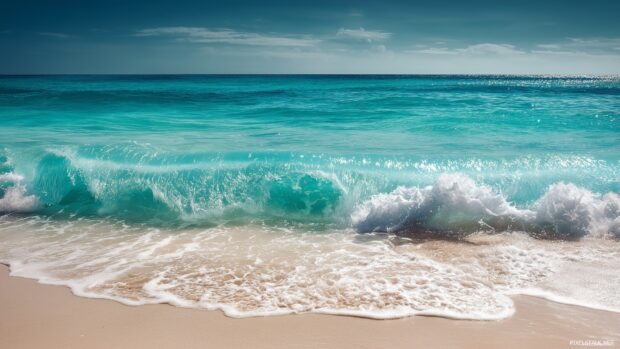 Teal wallpaper hd, A tranquil ocean scene with turquoise waves gently lapping at a sandy shore.