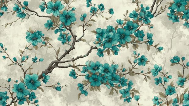 Teal wallpaper patterns, A detailed floral pattern with teal blossoms set against a subtle cream background.