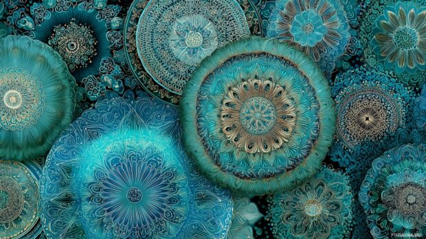 Teal wallpaper patterns, An intricate mandala pattern filled with teal shades, radiating from the center.