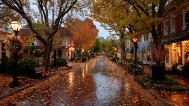 The charm of Fall in a small American town with leaf covered sidewalks and vintage streetlamps.