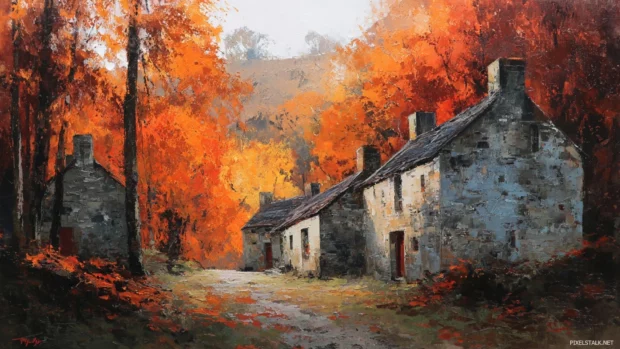 The rich texture of autumn is captured in a panoramic landscape of stone cottages surrounded by fiery woodlands.