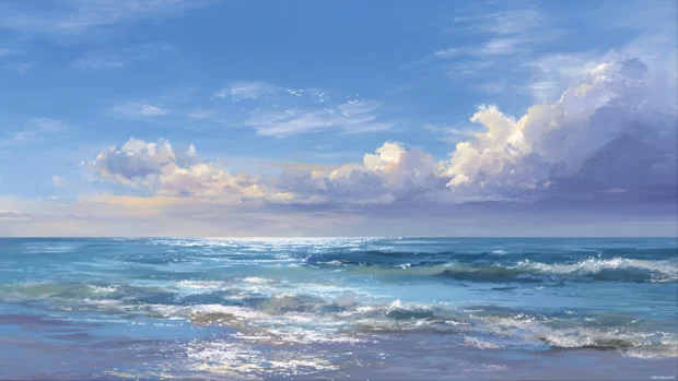 The vast beauty of the ocean stretching to the horizon, with soft clouds, gentle waves, and a warm summer breeze.