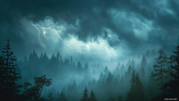 Thunderstorm wallpapers for computers, An ominous atmosphere created by dark storm clouds with streaks of lightning illuminating a forest.