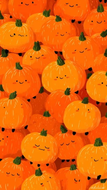 Tiled layout of round cute pumpkin babies with tiny feet and sleepy eyes.