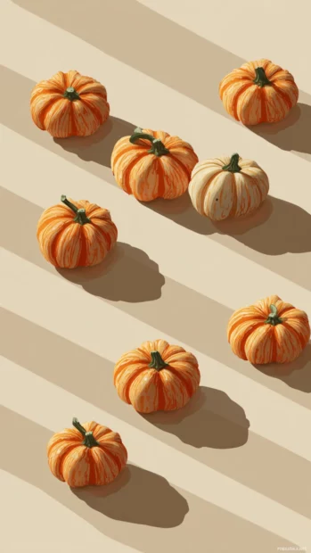 Tiny aesthetic pumpkins arranged in elegant diagonal stripes with soft shadow effects.
