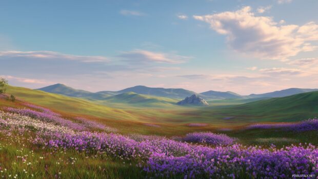 Tranquil countryside with rolling hills and blooming flowers, 3D desktop backgrounds.
