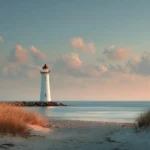 Tranquil lighthouse coastal wallpaper showing lone beacon by smooth sea under soft pastel sky and sandy foreground.
