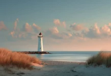 Tranquil lighthouse coastal wallpaper showing lone beacon by smooth sea under soft pastel sky and sandy foreground.