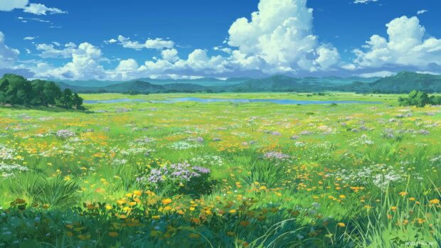 Tranquil meadows filled with wildflowers in 1080p anime backgrounds.