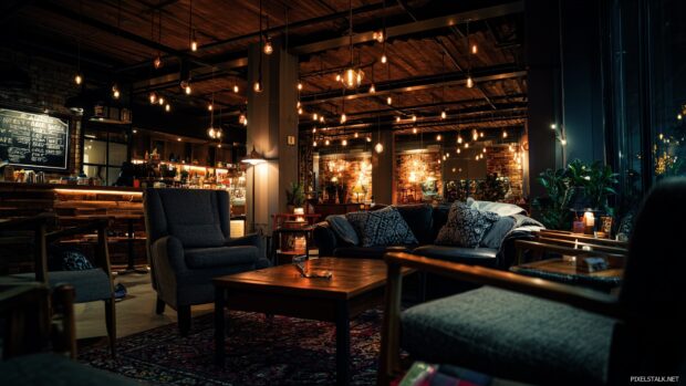 Trendy cool backgrounds hd depicting a cozy coffee shop atmosphere with warm lighting and soft seating.