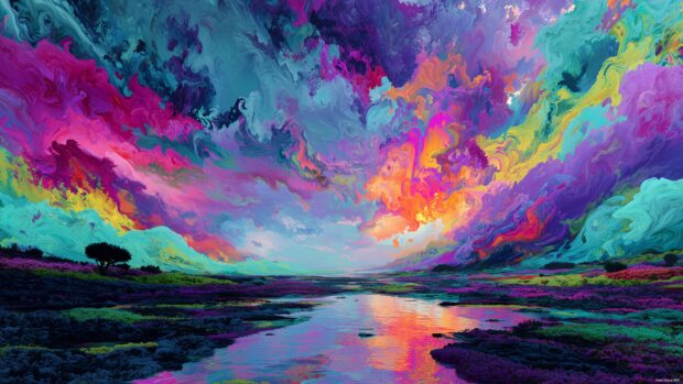 Trippy aesthetic wallpapers computer, A vibrant explosion of colors swirling in an abstract landscape, inspired by psychedelic art.