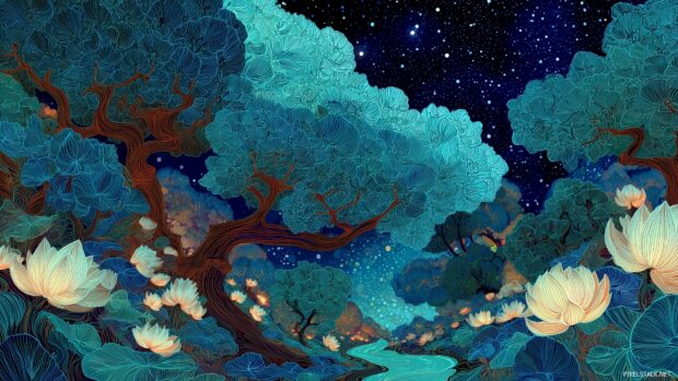 Trippy wallpapers computer, A psychedelic forest of swirling trees and luminous flowers against a starry sky.