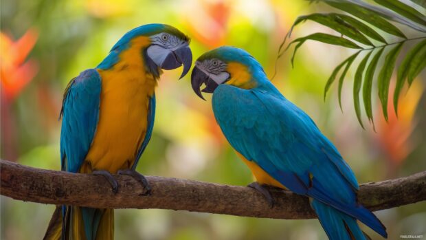 Tropical bird wallpapers hd, A lively portrayal of bright, exotic birds interacting with each other amidst a lush tropical rainforest teeming with vivid flora.