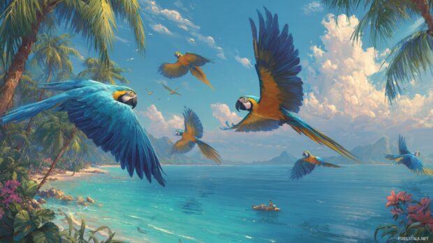 Tropical bird wallpapers hd, A stunning composition showcasing bright tropical birds like macaws and toucans flying over a crystal clear ocean, framed by palm trees swaying in the breeze.