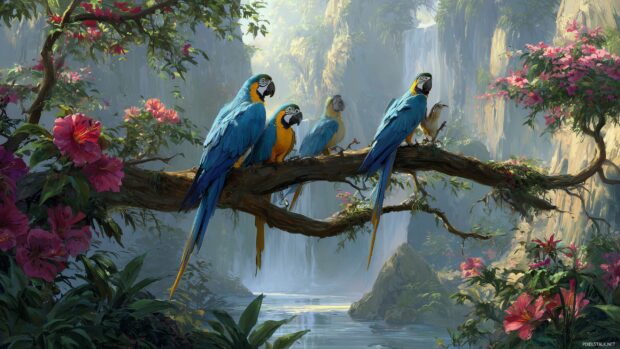 Tropical bird wallpapers hd, An enchanting atmosphere with exotic birds relaxing on tree branches, amidst a backdrop of tropical flowers and waterfalls.