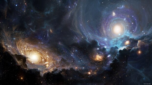 Universe backgrounds, A grand representation of the universe with galaxies colliding, stars forming, and dark voids.