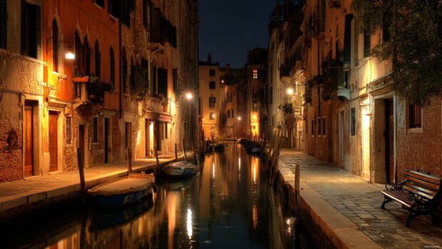 Venice Italy Night Wallpapers illuminated by enchanting streetlights.