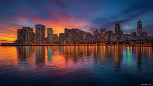 Very cool backgrounds hd showcasing a vibrant city skyline at sunset with reflected lights on the water.