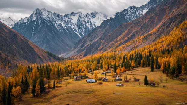 Vibrant Fall scenery with towering mountains and scattered cottages nestled among golden forests.