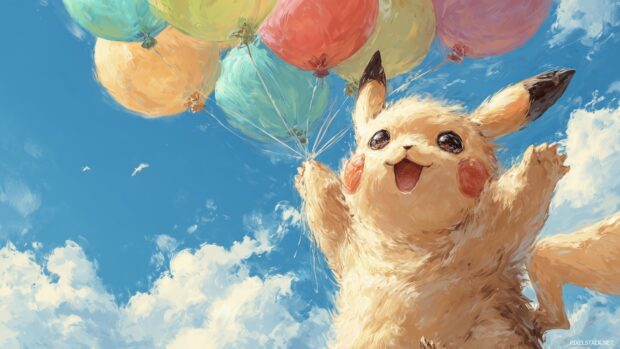 Vibrant Pikachu wallpapers hd displaying Pikachu with colorful balloons against a bright blue sky.