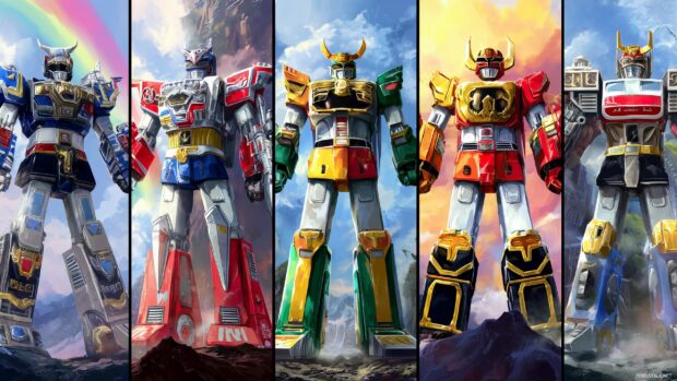 Vibrant Power Rangers high resolution wallpapers displaying the iconic Megazord transformation.