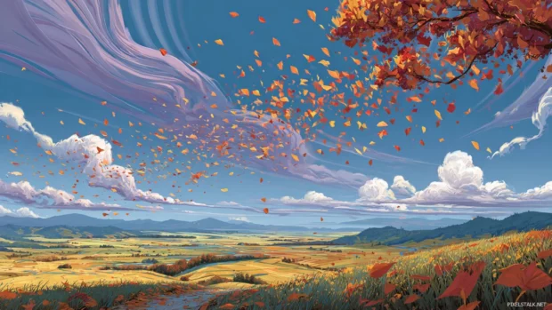 Vibrant autumn leaves swirl through the air above a wide open landscape of grassy fields and distant hills.