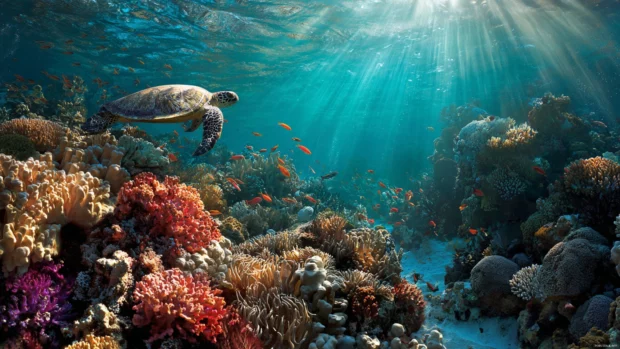 Vibrant coral reefs beneath the ocean surface filled with colorful fish, sea turtles, and glowing sunlight rays.