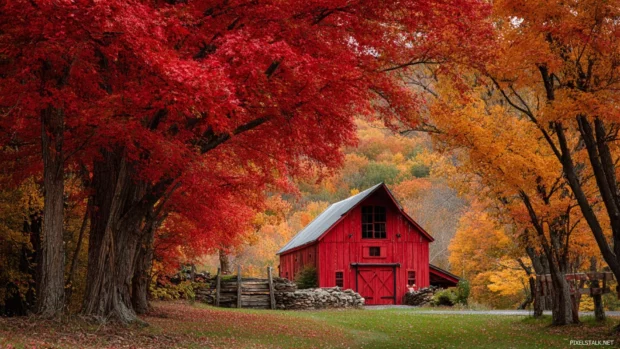 Vibrant fall scenery wallpapers featuring a charming red barn framed by trees in their autumn glory.