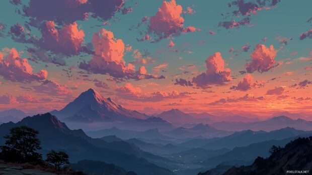 Vibrant sunsets over mountains captured in 1080p anime scenery backgrounds.