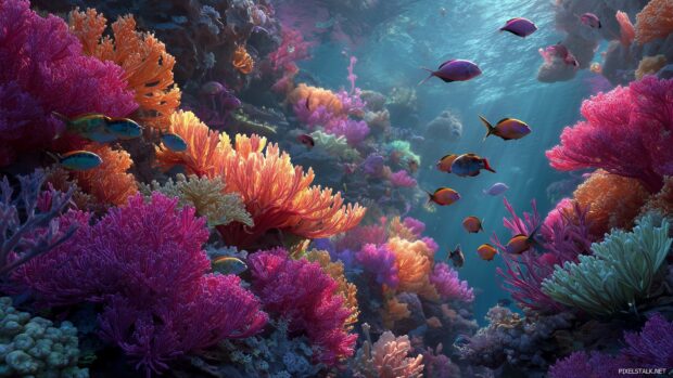 Vibrant underwater scene with colorful fish swimming among coral reefs, animated 3D wallpapers.