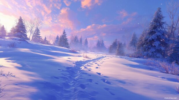 Vibrant winter snow wallpapers HD showcasing a serene landscape with a gentle snowfall and footprints leading through the snow.