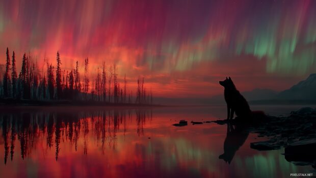 Vibrant wolf HD desktop wallpapers displaying a wolf amidst a colorful aurora borealis.