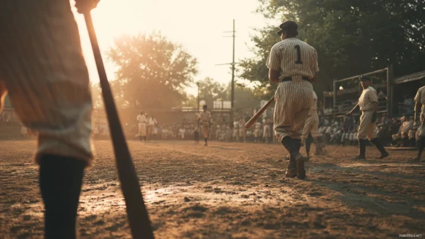 Vintage Baseball atmosphere with old style uniforms, dusty diamond, and a nostalgic sunlit backdrop.