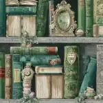 Vintage inspired library wallpaper with ornate details and classic book covers, transporting users to a bygone era