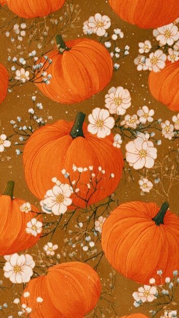 Vintage pumpkins with floral overlays forming a delicate pattern perfect for iPhone screens (2).