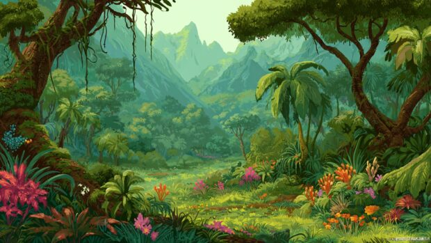 Vivid jungle landscape desktop backgrounds filled with diverse flora and fauna.