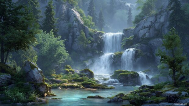 Vivid waterfall scenery wallpaper with detailed textures and depth.