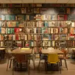 Wallpaper featuring wall art in a library setting, blending literature and creativity for an inspiring study space