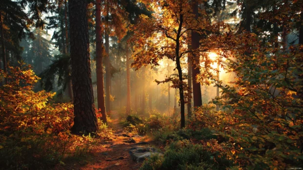 Warm fall wallpaper tone drifting through cozy autumn forest as sunrise filters through amber leaves.